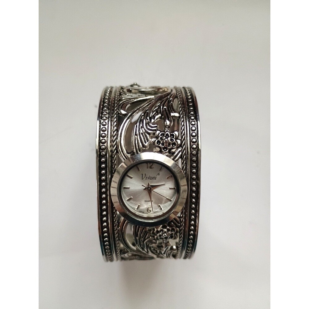 Vivani Women's Silvertone Filigree Bracelet Cuff Watch Quartz Analog Second Hand